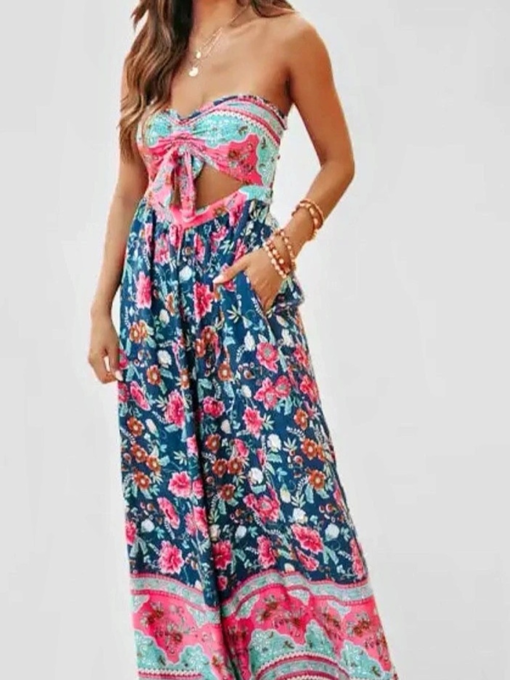 Umgee Floral Strapless Wide Leg Jumpsuit XL